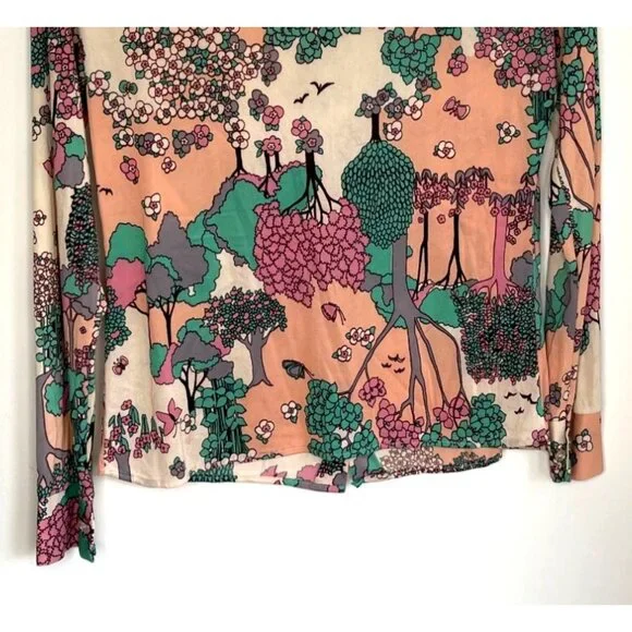 Vintage 70s Disco Long Sleeve Shirt Size M Psychedelic Trees Nature Butterfly
